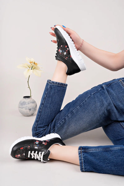 Women's black medical orthopedic sneakers, Flowers model